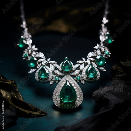 Necklace with big emeralds and small diamonds. Beautiful high jewelry emerald necklace with green precious stones and diamonds. Expensive luxury elegant large necklace with a beautiful pattern.