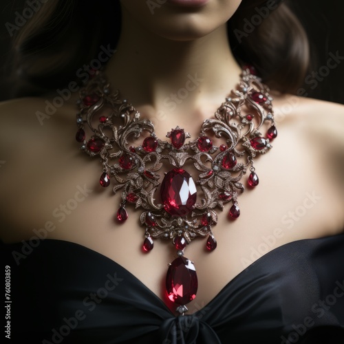 Necklace with big rubies and small diamonds. Big beautiful high jewelry necklace with red precious stones and pure transparent diamonds. Expensive luxury elegant large necklace with beautiful pattern.