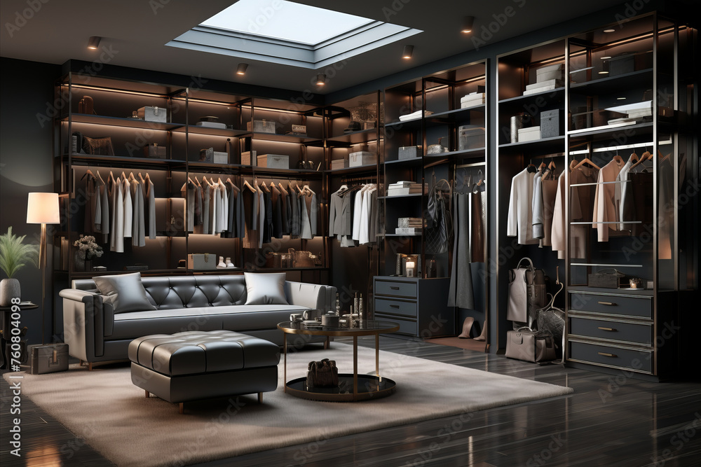 Dark colors wardrobe in modern luxury house.