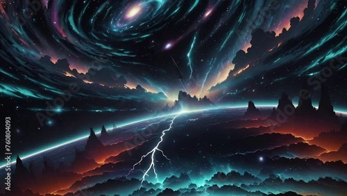 Futuristic cosmic animation with deep space, galaxy, bright universe. Bright cosmic animation with illustrations transformations, music visualization concept. AI generated video photo