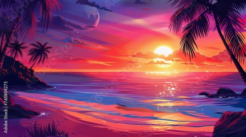 A vibrant sunset over a serene beach with palm trees and a relaxing atmosphere.