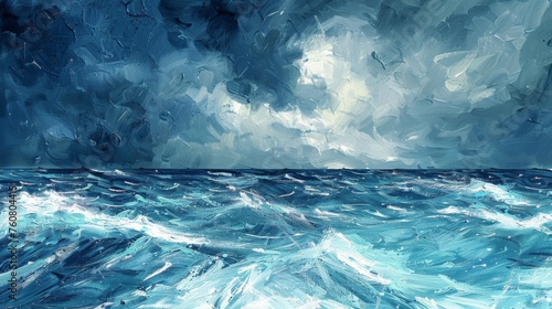 Abstract illustration of a stormy sea under a tumultuous sky, in bold oil painting strokes. © furyon