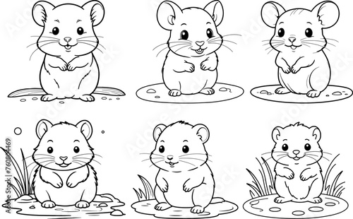 Water vole set hand drawn coloring page and outline vector design
