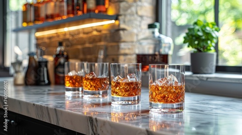 Bottles of Liquor Lined Up on a Bar