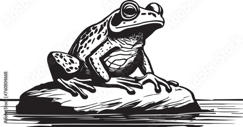 An illustration of a frog sitting on a rock in the water.
