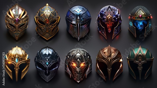 Set of medieval helmets of different shapes and colors. Icons for game photo