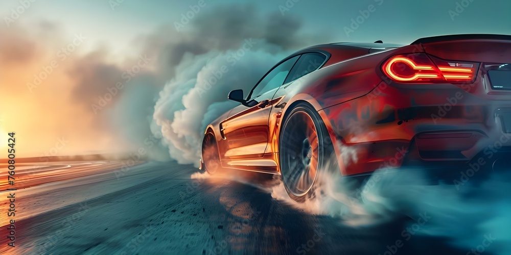 Highperformance car drifting on racetrack emitting smoke from spinning tires. Concept Car Drifting, High Performance, Smoke, Racetrack, Spinning Tires