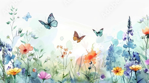 Butterflies fluttering around a garden of watercolor flowers, symbolizing transformation and the joy of life.