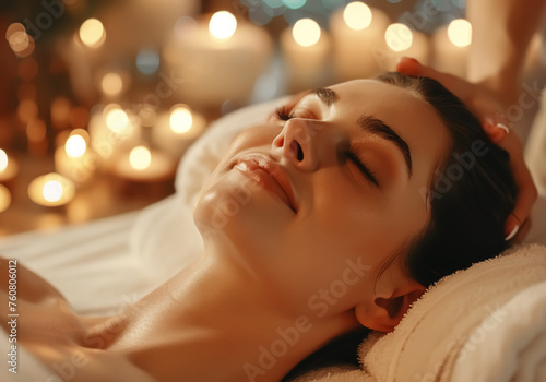 Detail of a woman relaxing in a spa with a neck massage. AI generated