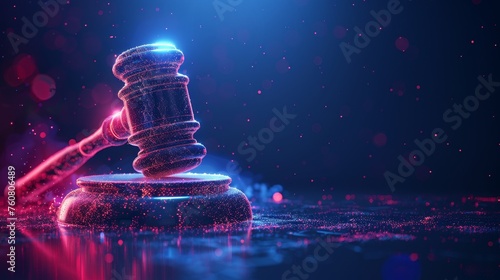 Judge gavel in futuristic glowing low polygonal style on dark blue