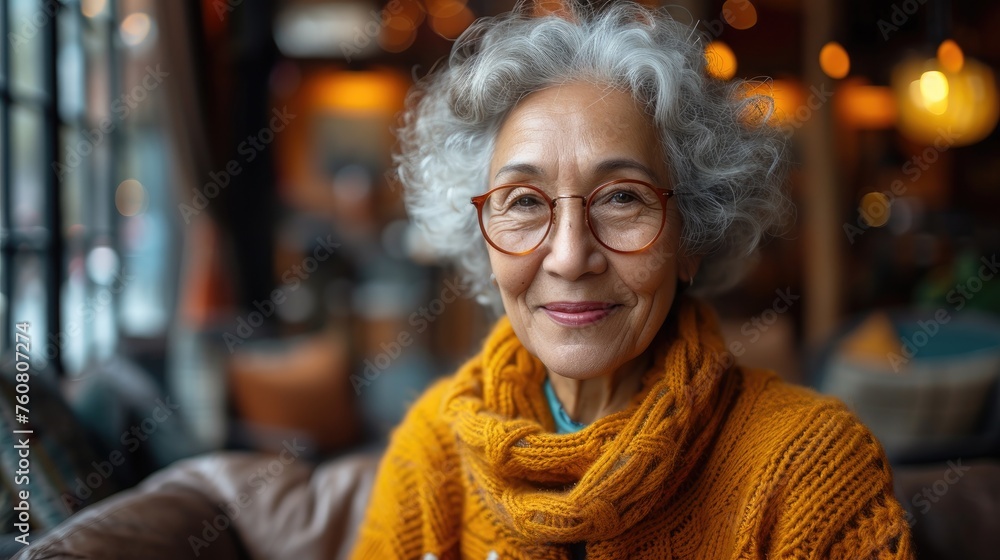 Portrait of a graceful elderly woman with silver hair and glasses, radiating confidence and contentment.