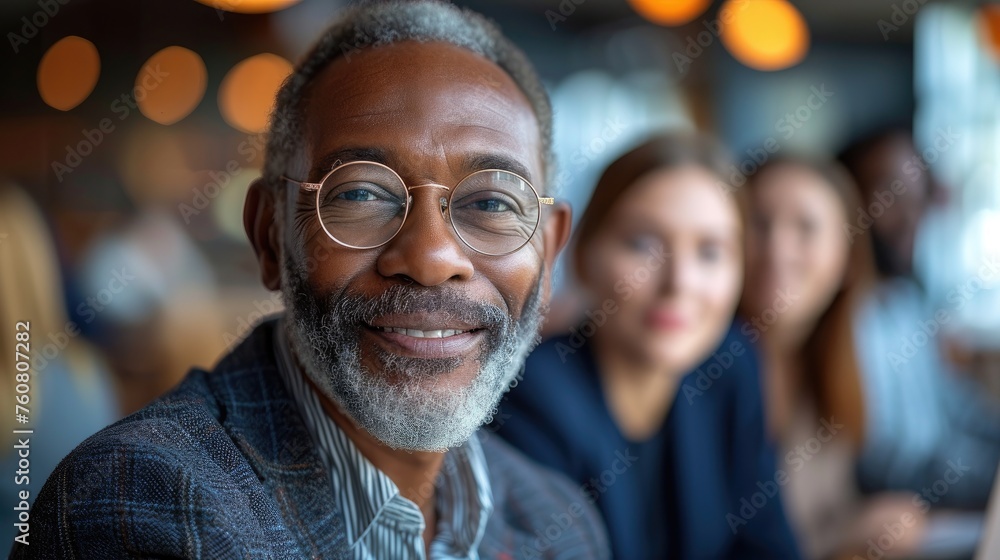 Close-up of a smiling elderly African American man wearing glasses and a stylish outfit in a blurred social setting. - obrazy, fototapety, plakaty 