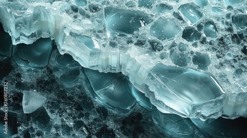 Macro view of textured ice shards showing abstract patterns and the dynamic forms of frozen water.