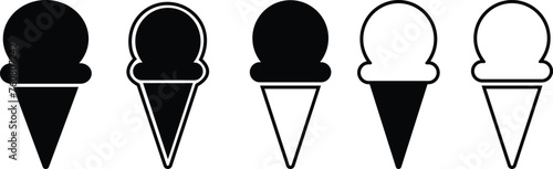 Ice cream cone icon set isolated on transparent background. Modern sweet vanilla desert sign. Trendy black vector chocolate cram symbol collection for web site design, button to mobile app. Logotype. photo