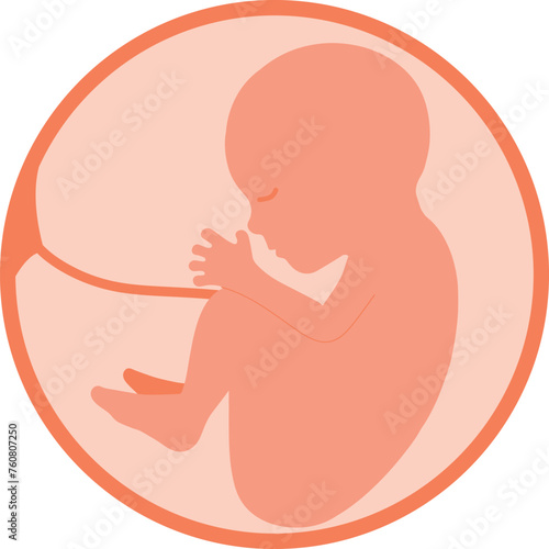 Baby in womb. Pregnancy and health of mother  and baby inside. Fetus symbol. Round logo. embryo and umbilical cord. Sign with text. Medical emblem for pregnancy center. Monochrome vector illustration