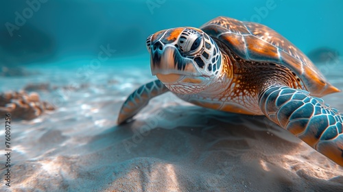 Serenely gliding near the ocean floor, a graceful sea turtle navigates the sandy bed amidst mesmerizing underwater light patterns, evoking a sense of tranquil beauty beneath the waves. © Fostor