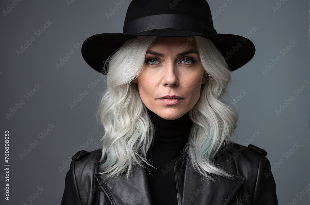 Beautiful mature female blonde adult with white hair wearing black hat on gray background. Fashion model girl in black shirt and leather jacket looking straight to camera Beautiful mature female blonde adult with white hair wearing black hat on gray background. Fashion model girl in black shirt and leather jacket looking straight to camera