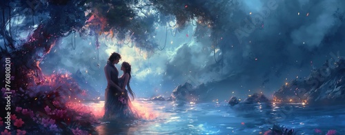 Enchanted Evening. A Mystical Journey Through a Magical Forest Illuminated by the Soft Glow of Fireflies