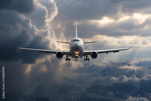 An airplane in the air among thick clouds in the sunshine. Concept travel and private air transportation of people