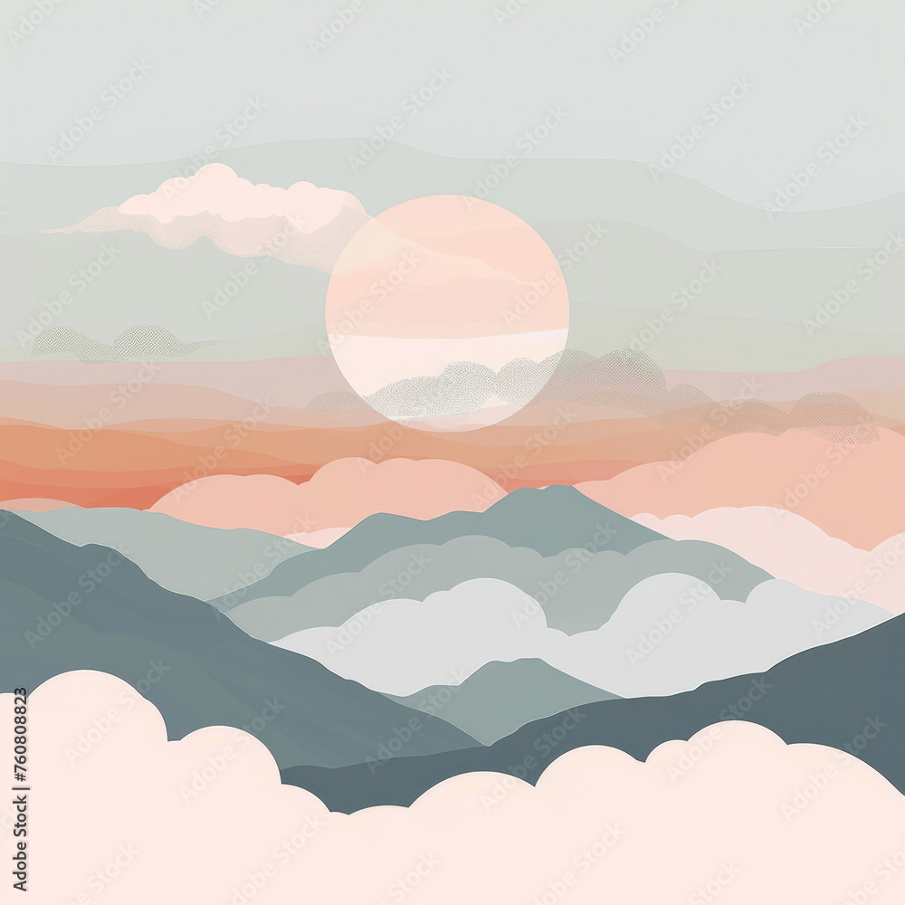 A minimalist flat illustration of the sun setting behind clouds over mountains,  in muted pastel colors with soft gradients and simple shapes