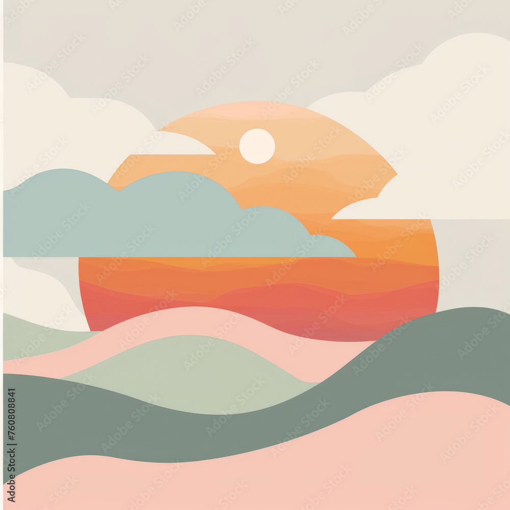 A minimalist flat illustration of the sun setting behind clouds over mountains,  in muted pastel colors with soft gradients and simple shapes