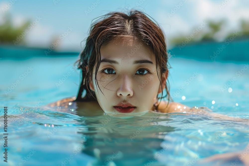 Focused Asian woman swimming indoor pool closeup photo. Female swimmer with face above the water. Generate ai Focused Asian woman swimming indoor pool closeup photo. Female swimmer with face above the water. Generate ai
