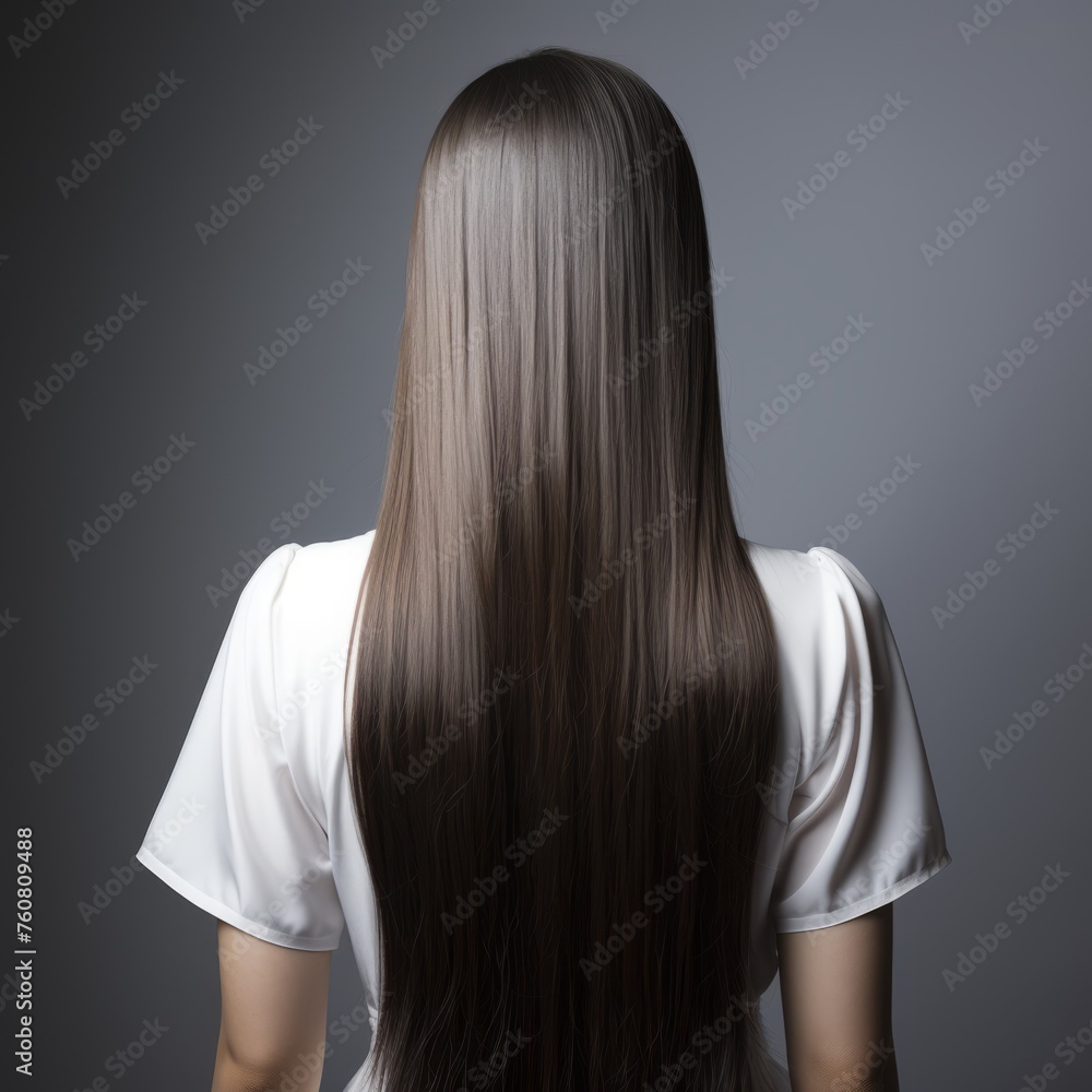 Naklejka premium Woman with long beautiful straight dark hair in a white dress. Turned away girl with healthy black hair on a dark background. Composition of perfect hairstyle closeup.