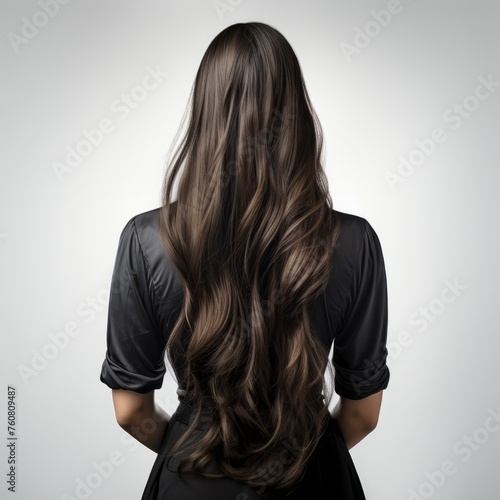 Woman with long beautiful dark hair in a black dress. Turned away girl with healthy black hair on a white background. Composition of perfect wavy hairstyle closeup.
