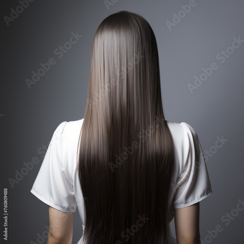Woman with long beautiful straight dark hair in a white dress. Turned away girl with healthy black hair on a dark background. Composition of perfect hairstyle closeup.