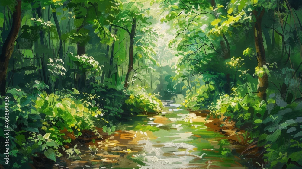 Lush green forest with a hidden stream, depicted in rich oil painting colors.