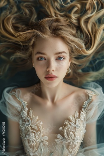 Ethereal Golden-Haired Girl in Elegant Dress, Fantasy Portrait Illustration. Generative AI. 