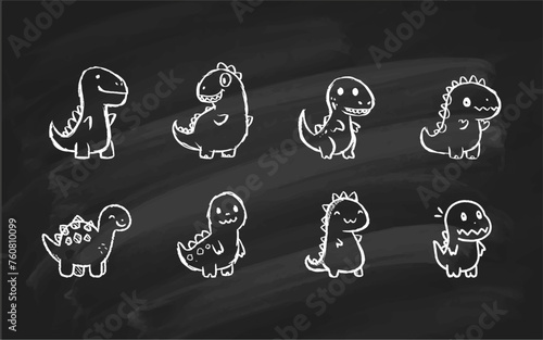Kawaii Dino Zeichnungen auf Kreidetafel: Vektorgrafik Illustrationen