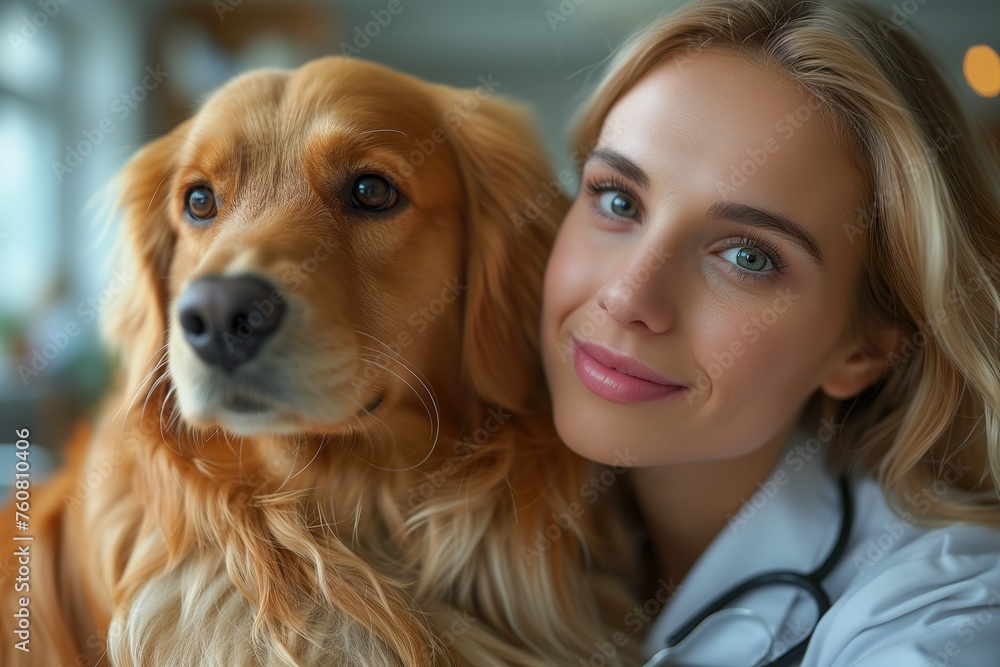 A female veterinarian gently holds a golden retriever, showing care and professionalism A female veterinarian gently holds a golden retriever, showing care and professionalism