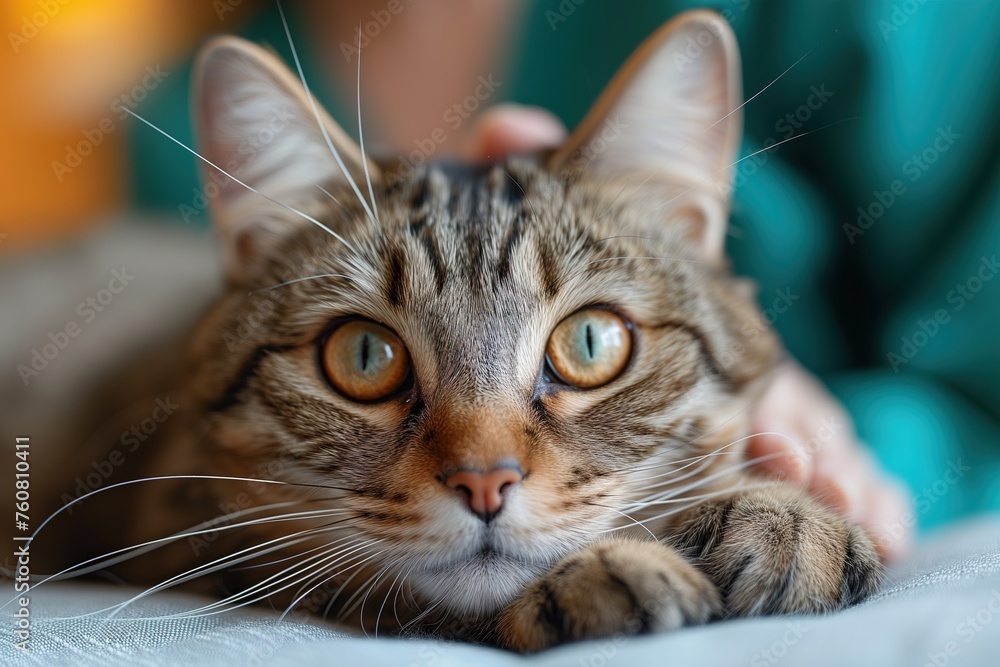 Close-up of a brown tabby cat held gently in the embrace of its owner Close-up of a brown tabby cat held gently in the embrace of its owner