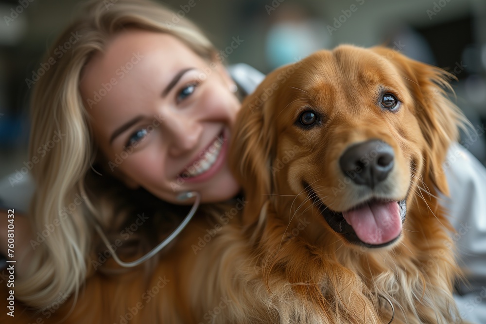 A golden retriever smiles at the camera with a blurred person in the background highlighting the pet's focus