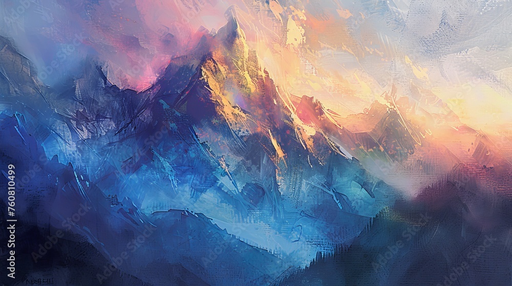 Mountain landscape abstract oil painting background with rugged peaks and serene skies.