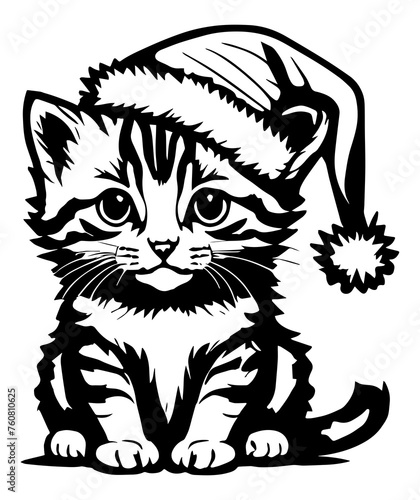 An illustration of a cute kitten wearing a santa hat.