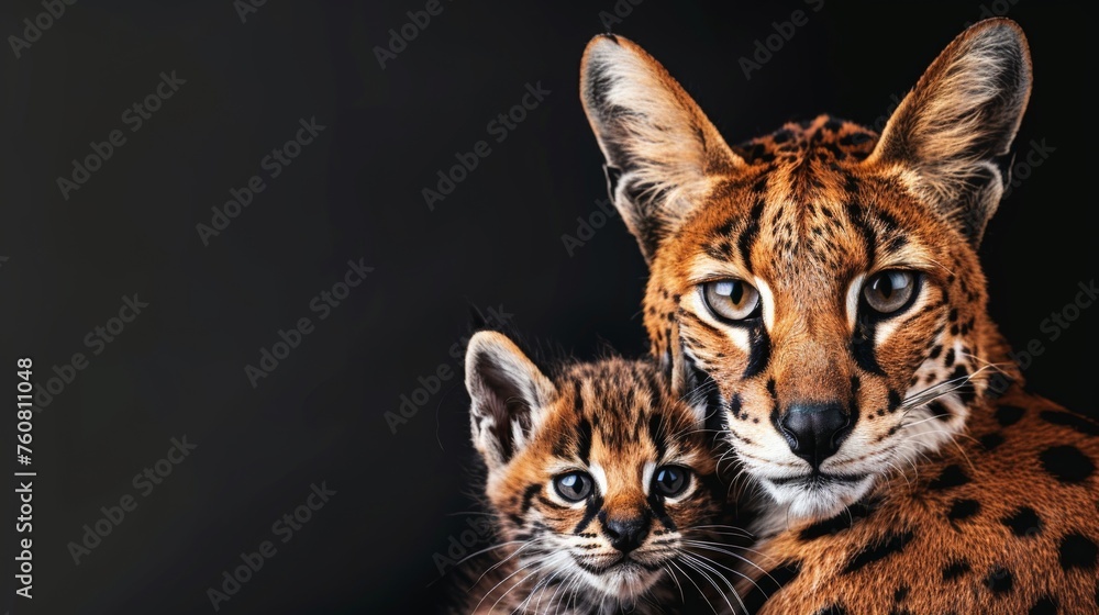 Obraz premium Male serval and serval kitten portrait with empty space on left side for text placement