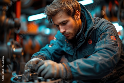 Focused mechanic adjusting machinery parts in an industrial setting with precision