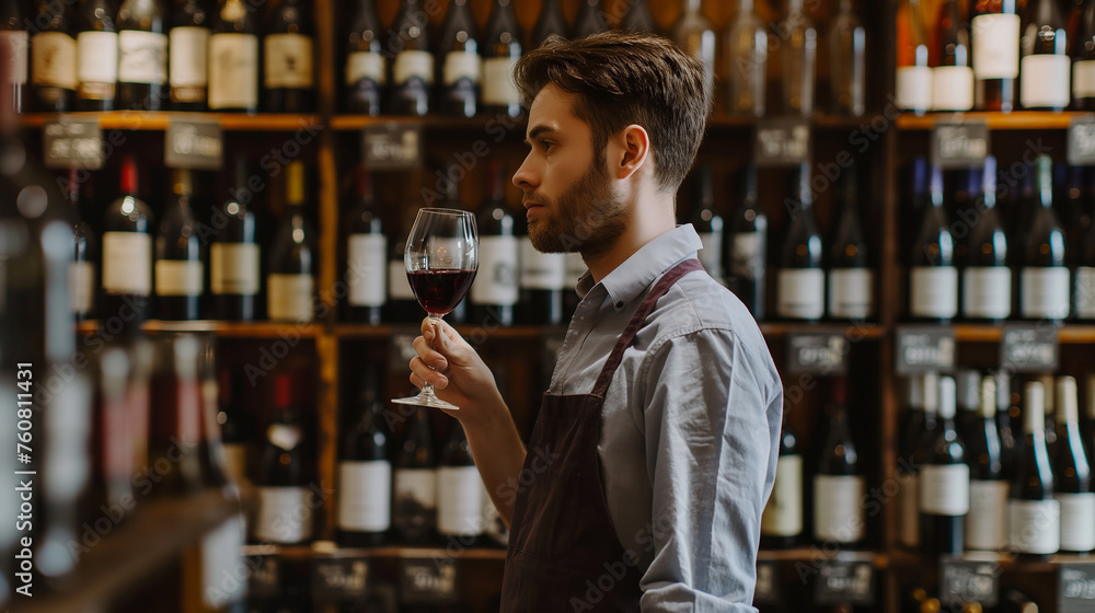 Bartender or male cavist standing near the shelves of wine bottles holds a glass of wine