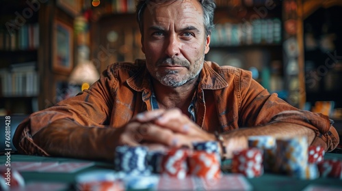 Man Sitting at Table With Many Chips © olegganko