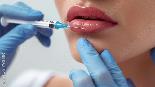 young woman gets injection of botox in her lips.