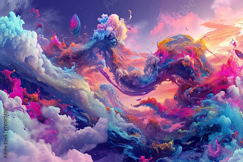 A conceptual digital artwork featuring a surreal landscape with fantastical creatures, brought to life through the vivid and intense hues of Fullchrome. The dreamlike quality and imaginative elements. photo