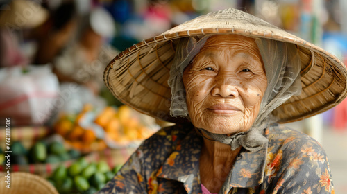Portrait of a cute elderly lady wearing a traditional conical hat in