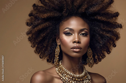 Portrait of an Afro American girl with perfectly smooth skin and wavy hair with large earrings in her ears looking into the camera against a dark background