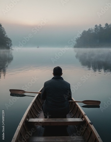 Picture, a man in a wooden boat with oars, on a lake early in the morning in the fog
