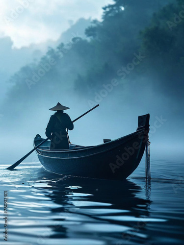 Picture, Japanese man in a canoe, in the fog