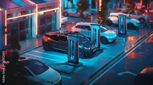 A futuristic electric car charging station in the midst of a bustling outdoor parking lot, symbolizing the shift towards sustainable transportation.