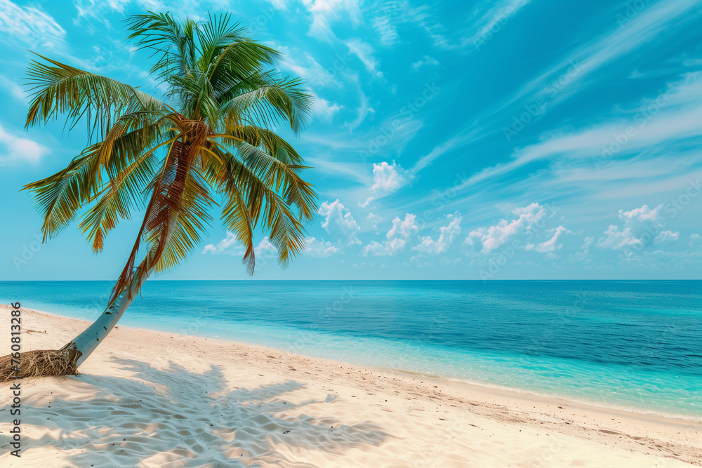 Beautiful tropical beach White sand coco palms travel tourism. Summer sea horizon, idyllic island nature scene. Amazing beach landscape, Vacation or holiday (4)