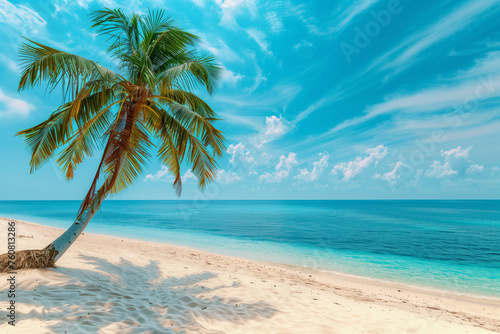 Beautiful tropical beach White sand coco palms travel tourism. Summer sea horizon, idyllic island nature scene. Amazing beach landscape, Vacation or holiday (4)